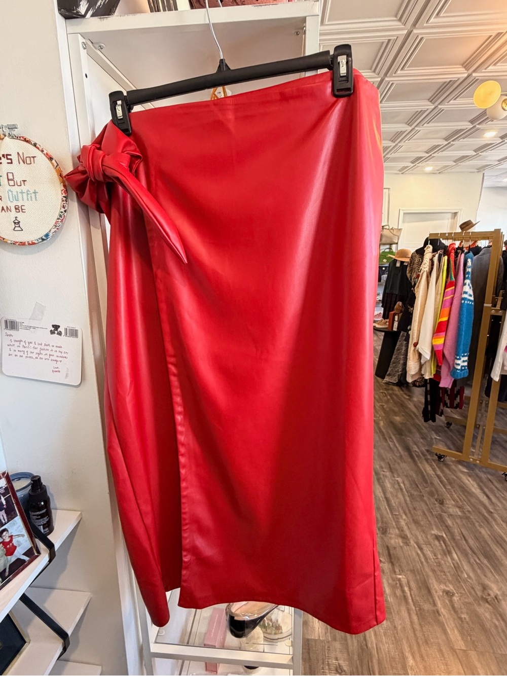 Eloquii Red Wrap Midi faux leather Skirt with Side Tie